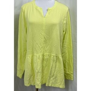 LOGO Life by Lori Goldstein Slub Top Size L Split Neck Long Sleeve Cotton Lime